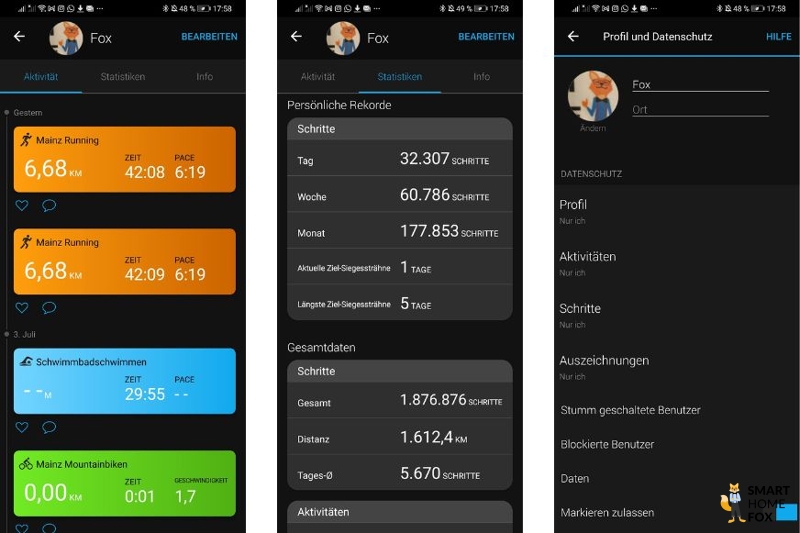 Man sieht die Profil-Einstellungen in der Garmin Connect App.